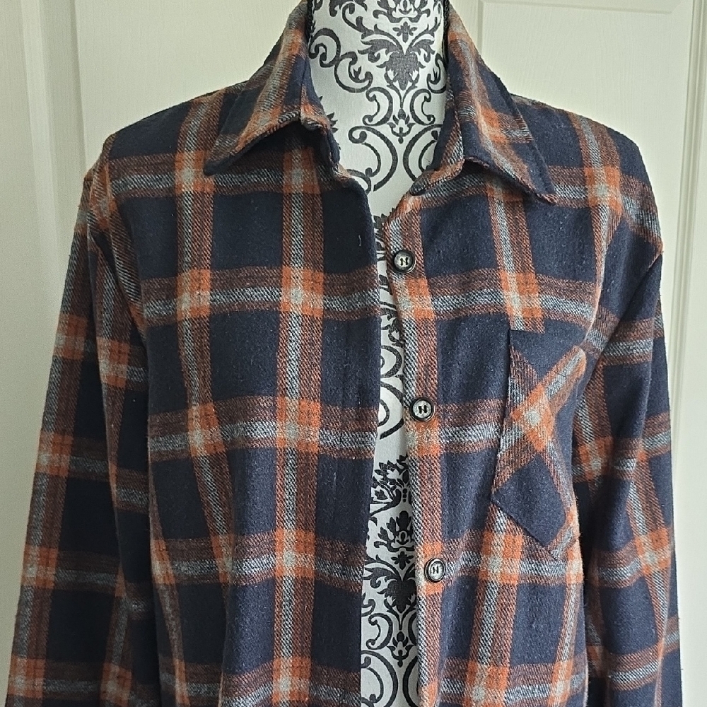 ADORA Navy and Orange Plaid Button Down Shirt